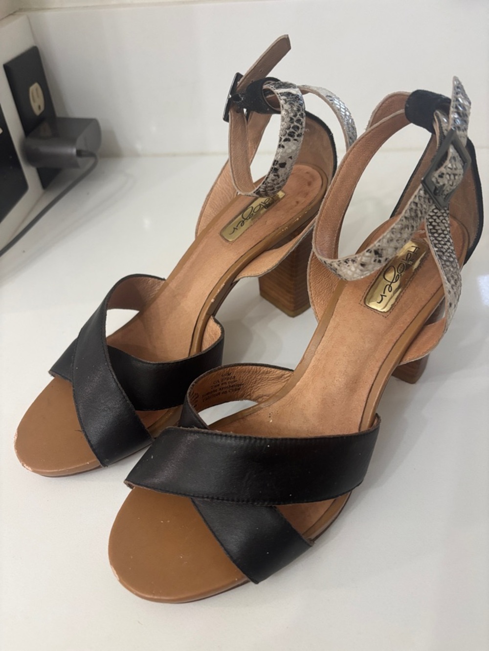 Halogen Black Leather Block Heel Sandals with Snake-Print Ankle Strap